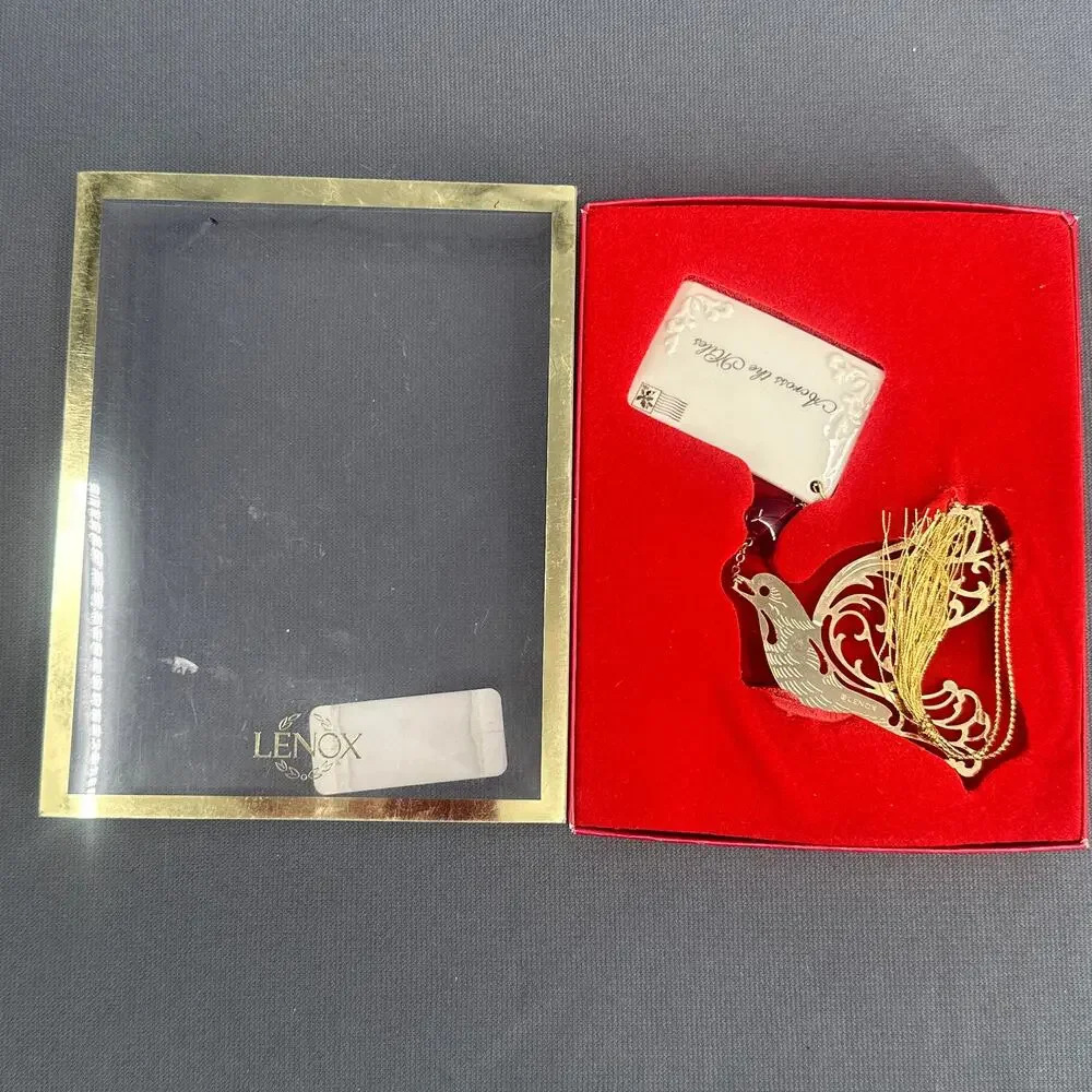 Lenox Across The Miles Christmas Ornament Gold Dove Red Heart Porcelain Tag Box